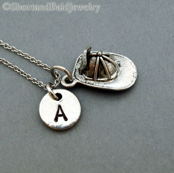 Firefighter's helmet necklace, firefighter hat necklace, fire fighter helmet, antique silver, initial necklace, personalized, monogram