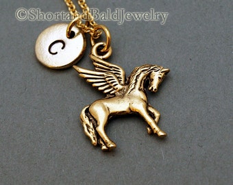 Pegasus charm necklace, winged divine horse, antique gold, initial necklace, initial hand stamped, personalized, monogram