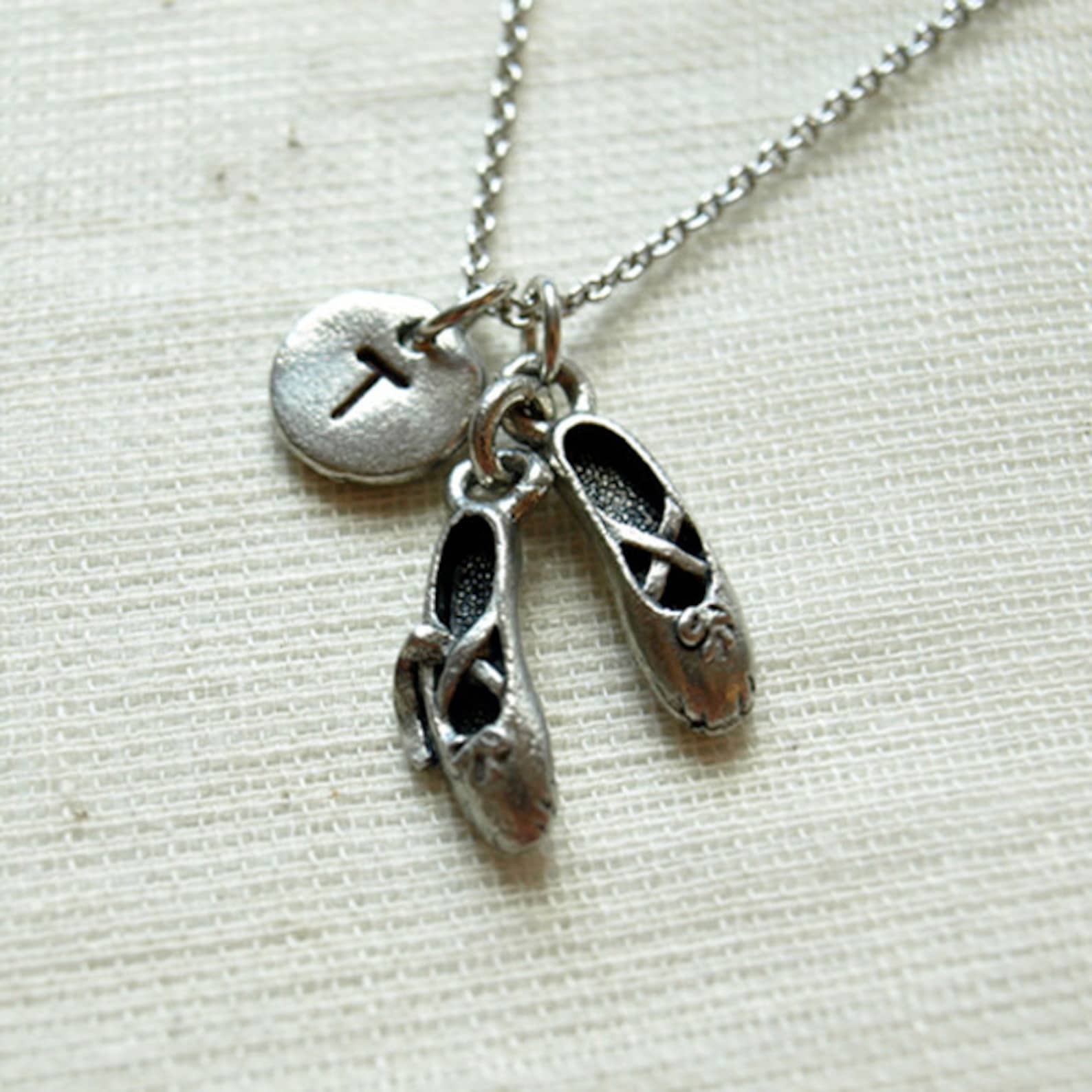 ballet shoes charm necklace, ballet slippers necklace, ballet dancer shoes, ballerina, dance charm, dancer, initial necklace, mo