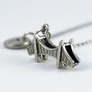 Golden Gate Bridge Necklace, Godlen gate bridge charm, initial necklace, initial hand stamped, personalized, antique silver, monogram