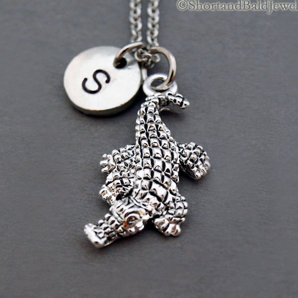 Alligator charm necklace, Crocodile, alligator necklace, initial necklace, initial hand stamped, personalized, antique silver, monogram