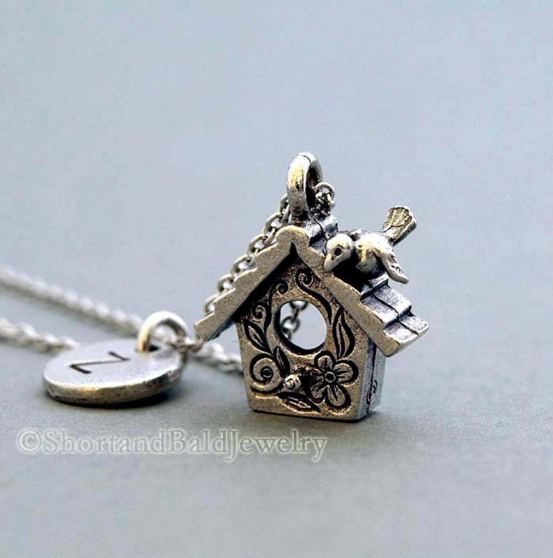 Birdhouse Charm Necklace Bird House Initial Necklace Etsy