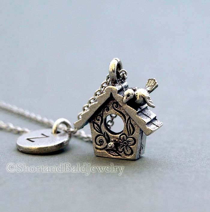 Birdhouse Charm Necklace Bird House Initial Necklace Etsy