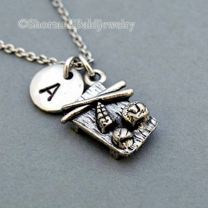 Sushi platter, sushi roll, sushi tray, chopsticks, Sushi necklace, initial necklace, personalized, antique silver, monogram