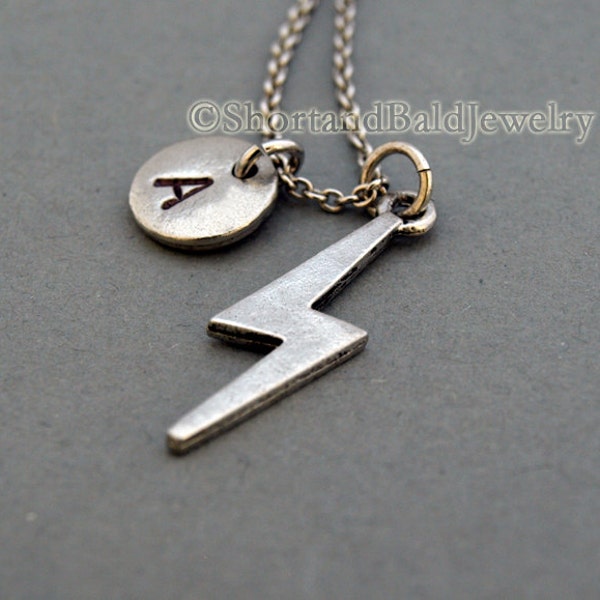 Lightning bolt necklace, lightening bolt, antique silver, initial necklace, initial hand stamped, personalized, monogram