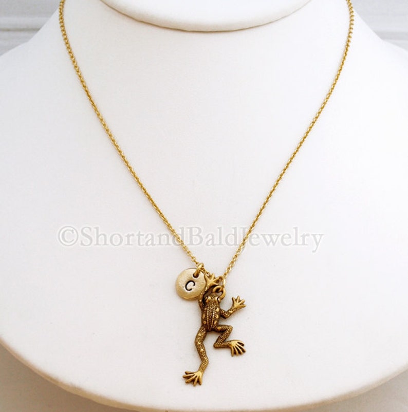 Frog Charm Necklace Antique Gold Initial Necklace Initial Etsy