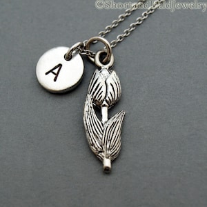 Tulip necklace, flower charm, Tulip flower, antique silver, initial necklace, hand stamped, personalized, monogram