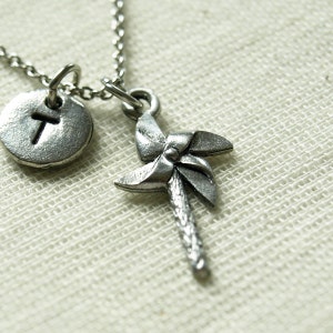 Pinwheel necklace, Pinwheel charm, Pin Wheel, initial necklace, initial hand stamped, personalized, antique silver, monogram