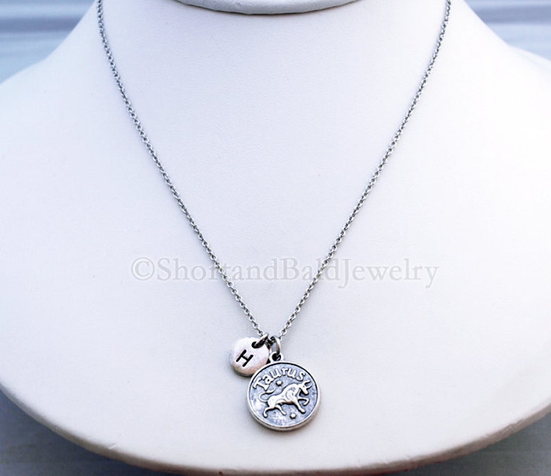 personalized Taurus necklace antique silver monogram initial necklace Taurus Zodiac charm Necklace Silver Taurus charm