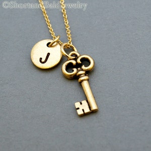 Small Key charm necklace, Antique key necklace, antique gold, initial necklace, initial hand stamped, personalized, monogram