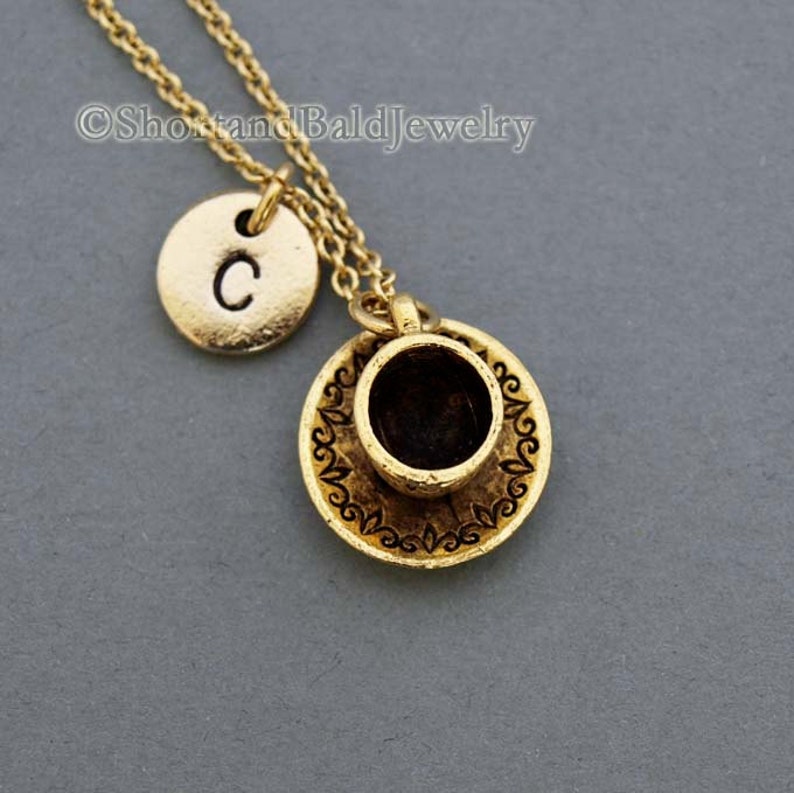 Tea cup and saucer Necklace, tea cup necklace, coffee cup, antique gold, initial necklace, initial hand stamped, personalized, monogram image 2