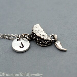Taco necklace, taco chili necklace, mexican food, Silver taco charm necklace, initial necklace, initial hand stamped, personalized, monogram