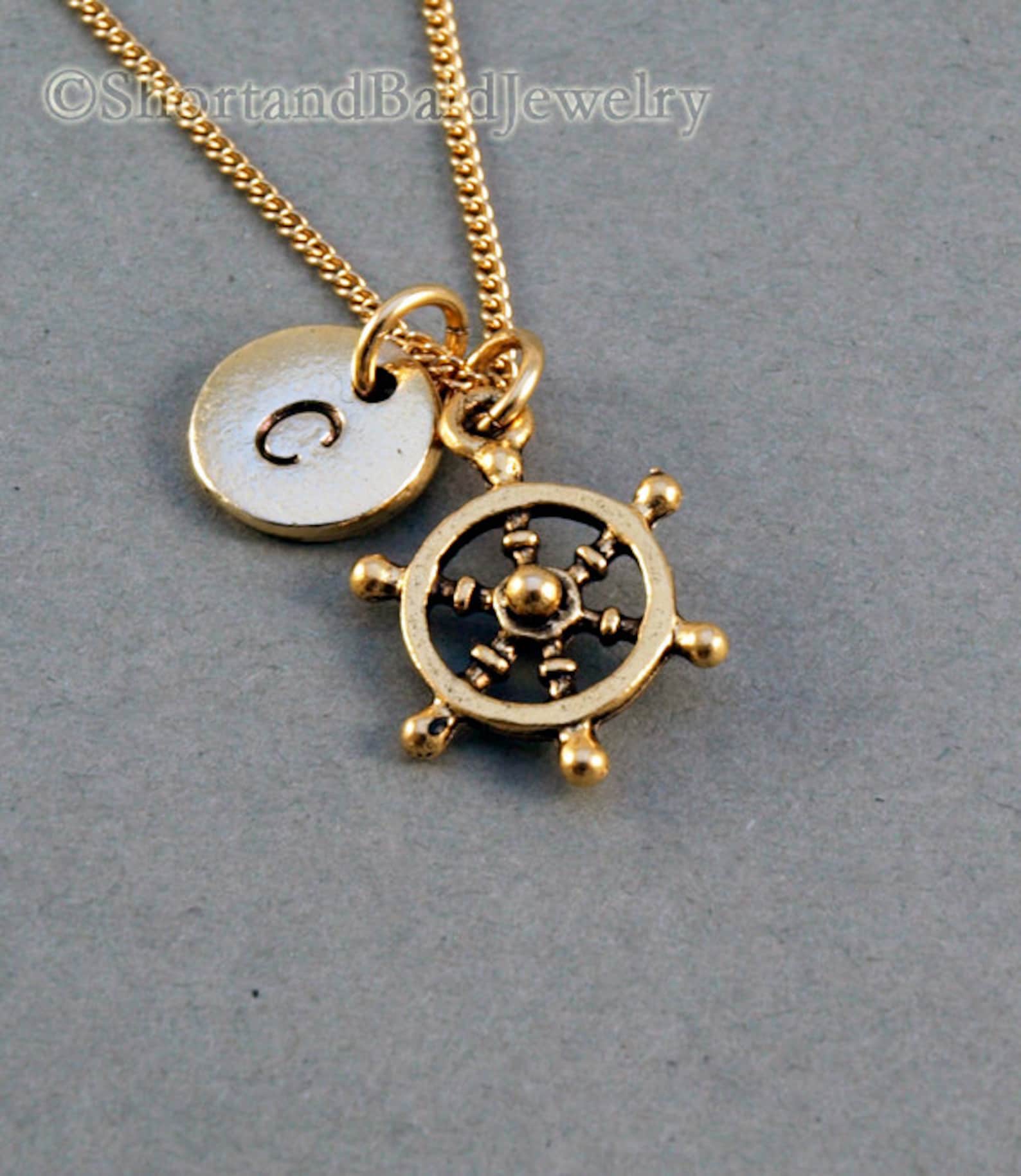 Ship Steering Wheel Necklace Nautical Antique Gold Initial Etsy