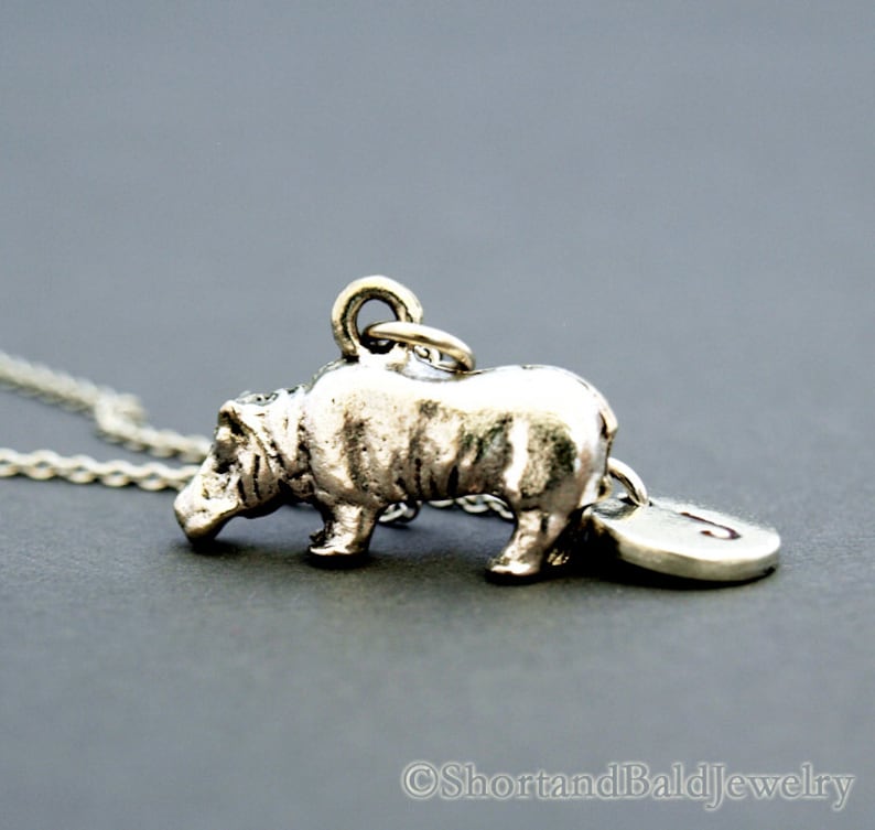hippo necklace personalized initial necklace initial hand stamped Hippopotamus charm necklace Silver hippo charm monogram