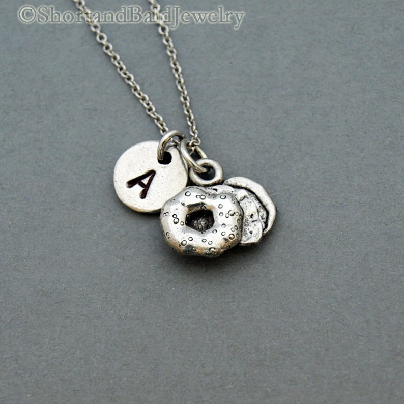 Bagel Necklace, bagels charm, food charm, initial necklace, initial hand stamped, personalized, antique silver, monogram image 2