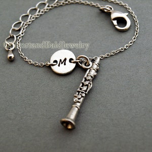 Clarinet charm bracelet, antique silver, initial bracelet, friendship, mothers, adjustable, monogram