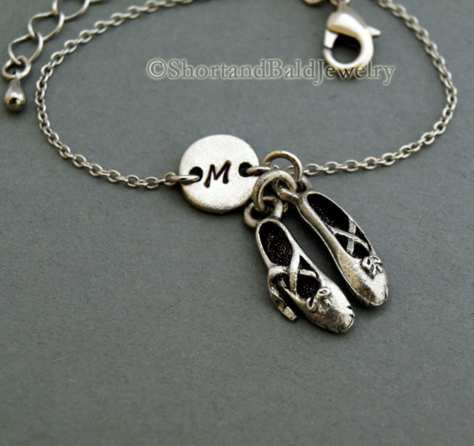 ballet shoes bracelet, ballet slippers, antique silver, initial bracelet, friendship, mothers, adjustable, monogram