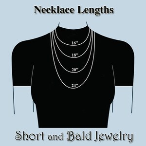 May include: A diagram showing different necklace lengths on a black silhouette of a person. The lengths are 16 inches, 18 inches, 20 inches, and 24 inches. The text "Necklace Lengths" is at the top of the image and "Short and Bald Jewelry" is at the bottom.