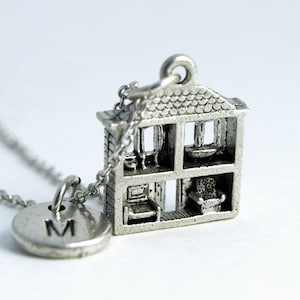 Doll&#39;s House Charm Necklace, miniature house necklace, initial necklace, hand stamped, personalized, antique silver, monogram