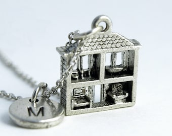 Doll's House Charm Necklace, miniature house necklace, initial necklace, hand stamped, personalized, antique silver, monogram