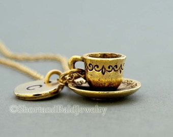 Tea cup and saucer Necklace, tea cup necklace, coffee cup, antique gold, initial necklace, initial hand stamped, personalized, monogram