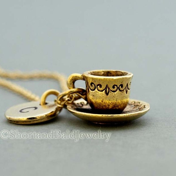 Tea cup and saucer Necklace, tea cup necklace, coffee cup, antique gold, initial necklace, initial hand stamped, personalized, monogram