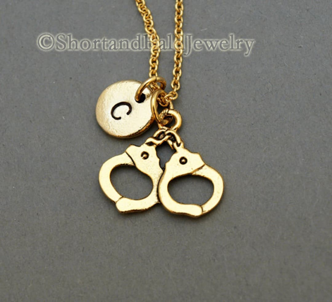 Handcuffs Necklace, Police Handcuffs, Police Necklace, Antique Gold, Initial Necklace, Initial