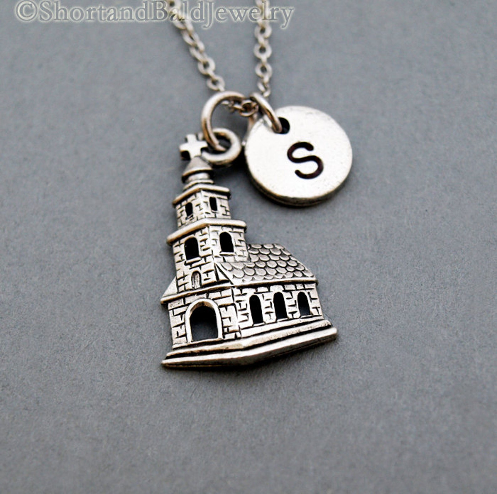 Church Charm Necklace Church Necklace Initial Necklace Etsy