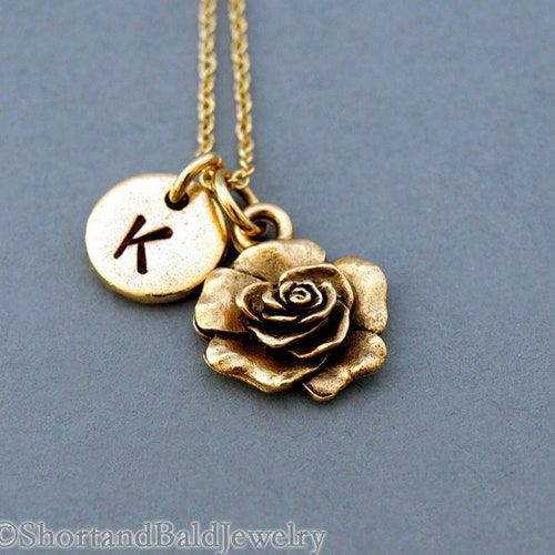 Rose necklace, Rose flower charm, Rose charm necklace, garden charm, antique gold, initial necklace, hand stamped, personalized, monogram