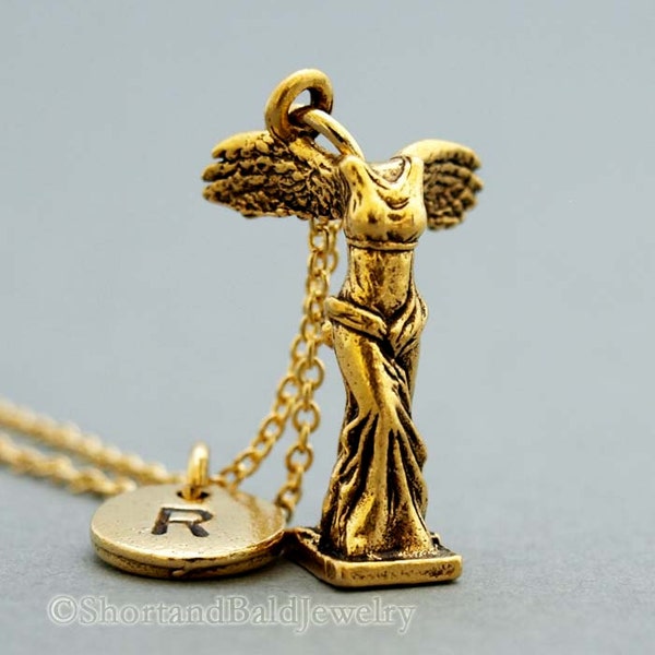 Nike Goddess necklace, Goddess of victory, Nike necklace, Antique Gold, initial hand stamped, personalized, monogram