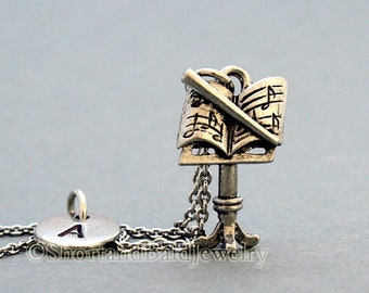 Music stand necklace, conductor, Musician's necklace, initial necklace, initial hand stamped, personalized, antique silver, monogram