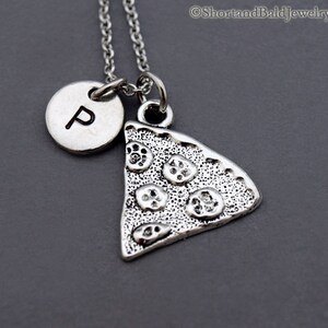 Pizza necklace, Pizza slice, pepperoni pizza, food charm, antique silver, initial necklace, initial hand stamped, personalized, monogram