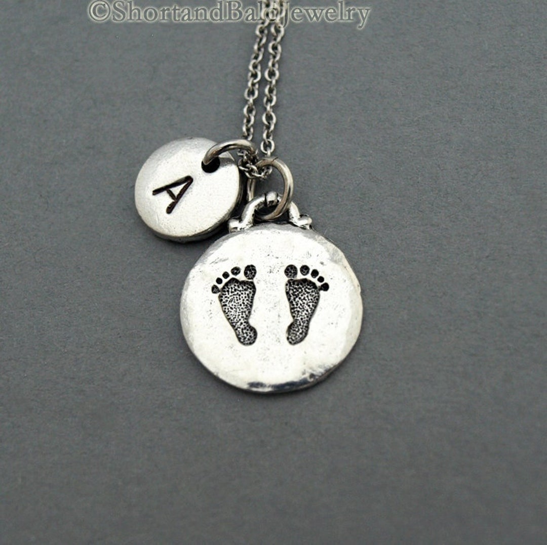 Baby Feet Charm Necklace Baby Feet Print Initial Necklace Etsy