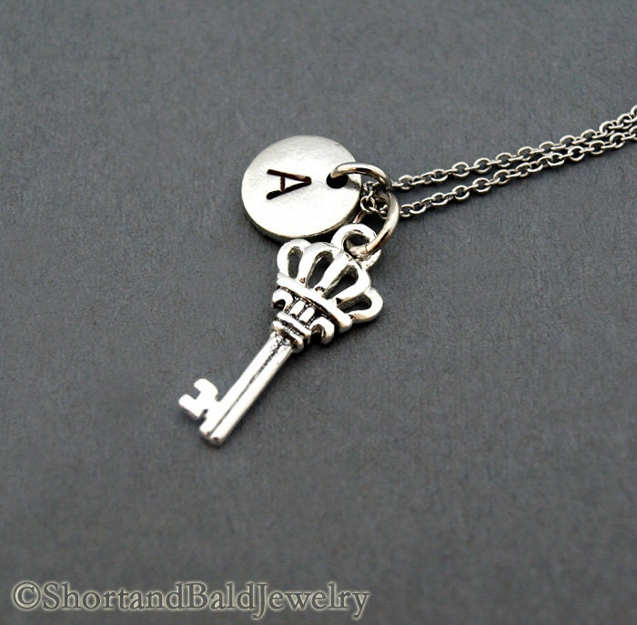 Crown Key Necklace Crown Key Pendant Antique Key Initial Etsy
