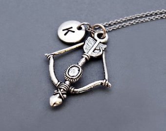 Bow and Arrow necklace, silver bow and arrow, archery, antique silver, initial necklace, initial hand stamped, personalized, monogram
