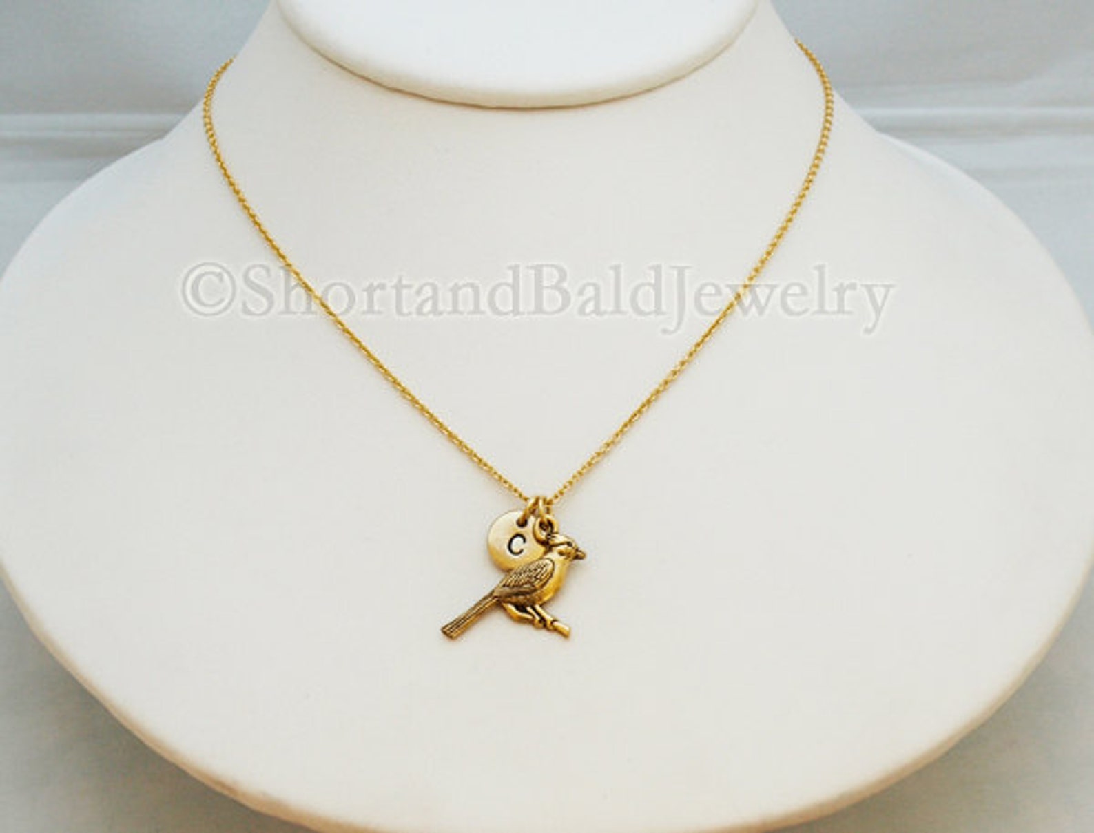 Cardinal Bird Charm Necklace, Bird Charm, Antique Gold, Initial