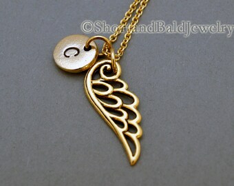 Wing charm necklace, angel wings, antique gold, initial necklace, initial hand stamped, personalized, monogram