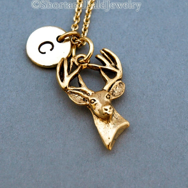 Deer necklace, Deer bust, Deer antler, personalized deer, antique gold, initial necklace, initial hand stamped, personalized, monogram