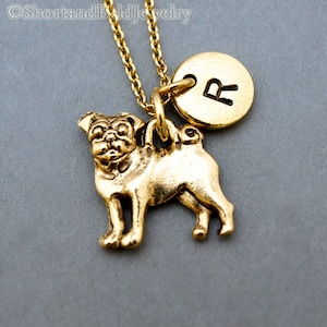 Pug necklace, Pug charm necklace, personalized pug, Pug dog, antique gold, initial necklace, initial hand stamped, personalized, monogram