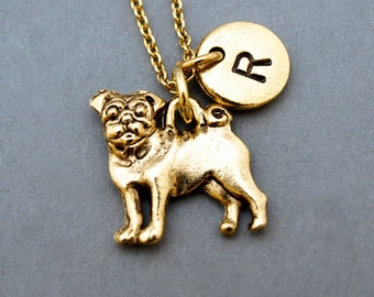 Pug necklace, Pug charm necklace, personalized pug, Pug dog, antique gold, initial necklace, initial hand stamped, personalized, monogram