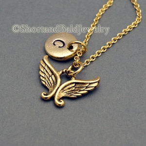 Angel Wings necklace, angel wings, antique gold, initial necklace, initial hand stamped, personalized, monogram