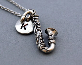 Saxophone necklace, Saxophone charm, instrument necklace, initial necklace, initial hand stamped, personalized, antique silver, monogram