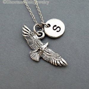 Flying Eagle charm necklace, Eagle necklace, initial necklace, initial hand stamped, Personalized necklace, antique silver pewter