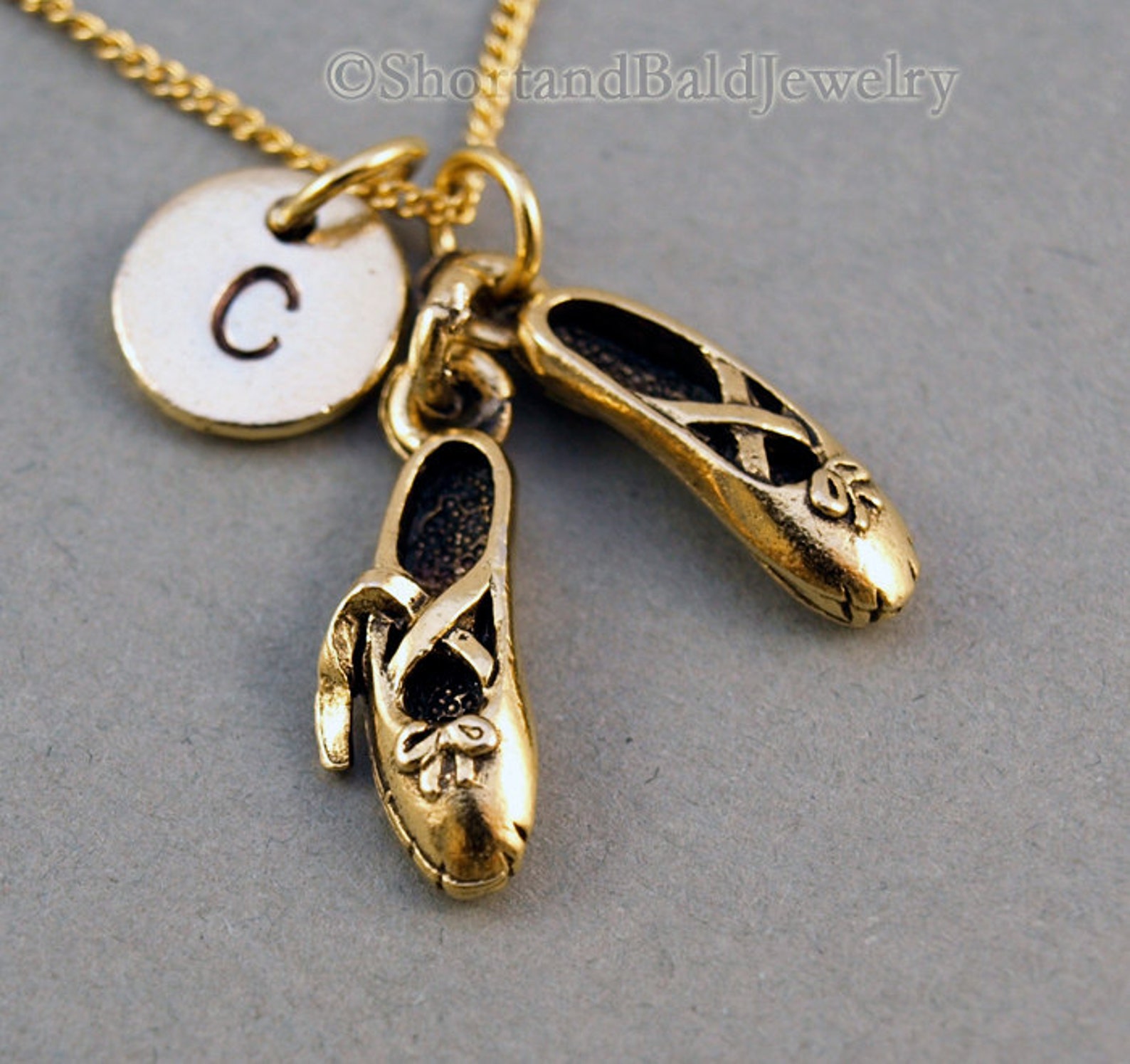 ballet shoes necklace, ballet slippers, antique gold, initial necklace, initial hand stamped, personalized, monogram