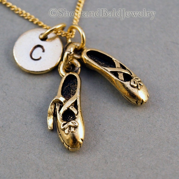 Ballet shoes necklace, ballet slippers, antique gold, initial necklace, initial hand stamped, personalized, monogram