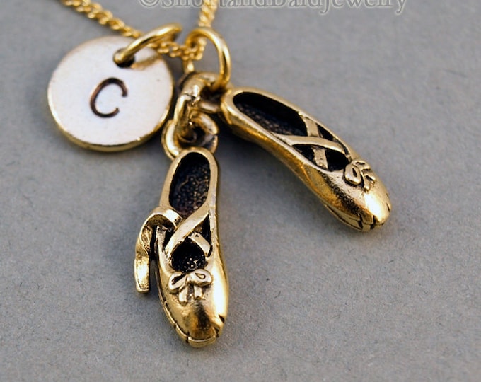 Ballet shoes necklace, ballet slippers, antique gold, initial necklace, initial hand stamped, personalized, monogram