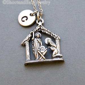 Nativity Scene necklace, Christmas Nativity Scene, birth of Jesus, manger scene, initial necklace, personalized, antique silver, monogram