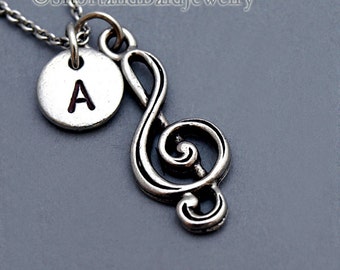 Soprano clef necklace, soprano clef jewelry, music, musician, initial necklace, initial hand stamped, personalized, antique silver, monogram