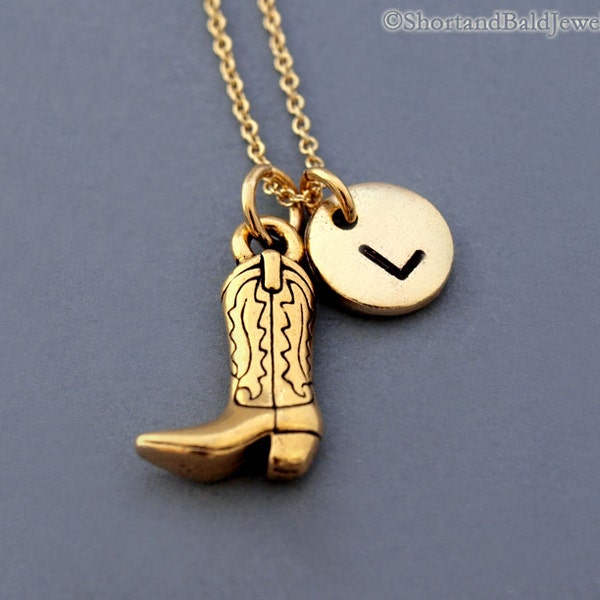 Cowboy boot necklace, cowgirl boot necklace, gold cowboy cowgirl boot charm, Western theme, initial necklace, personalized, monogram