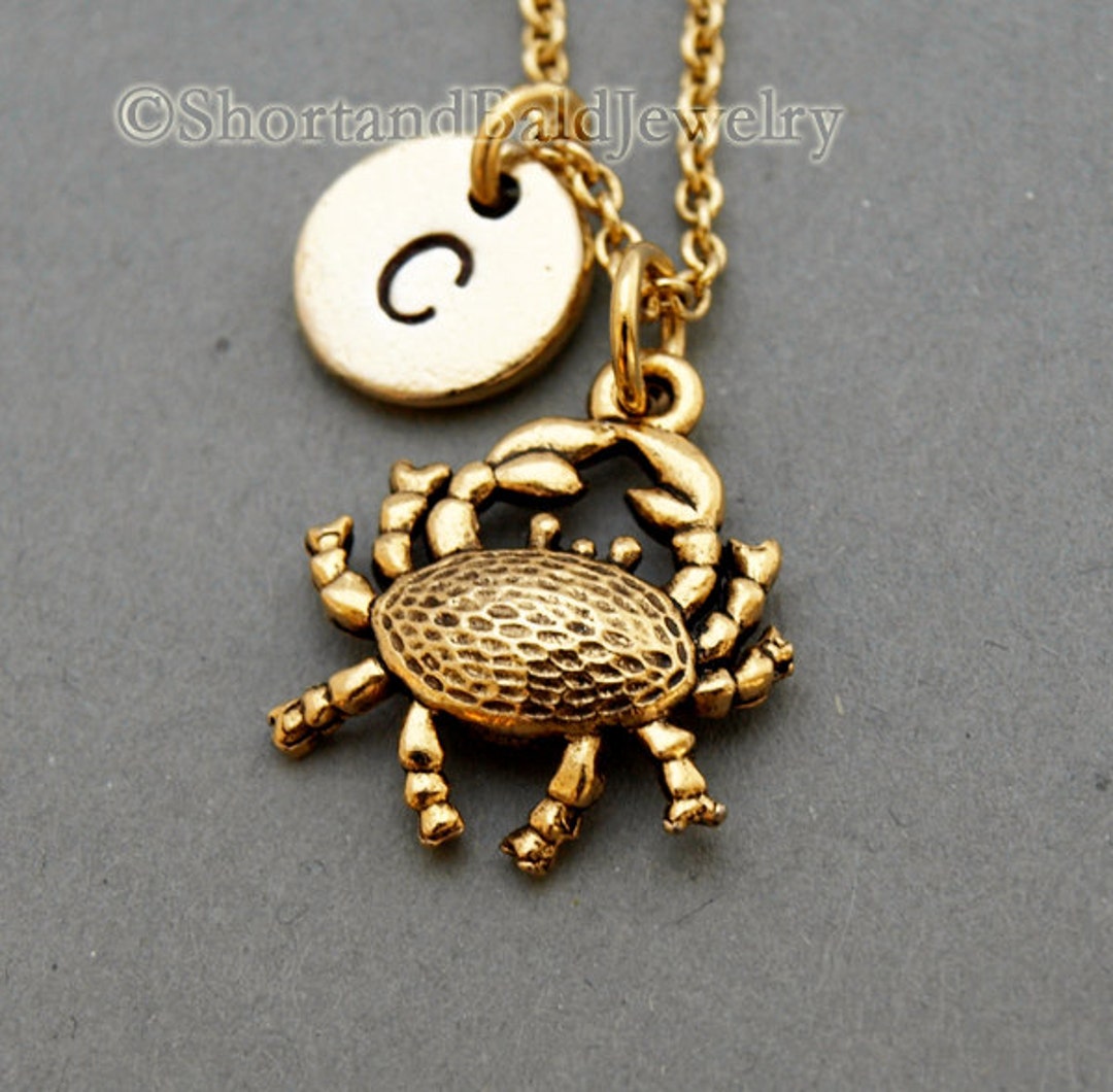 Crab Charm Necklace, Small Crab, Antique Gold, Initial Necklace